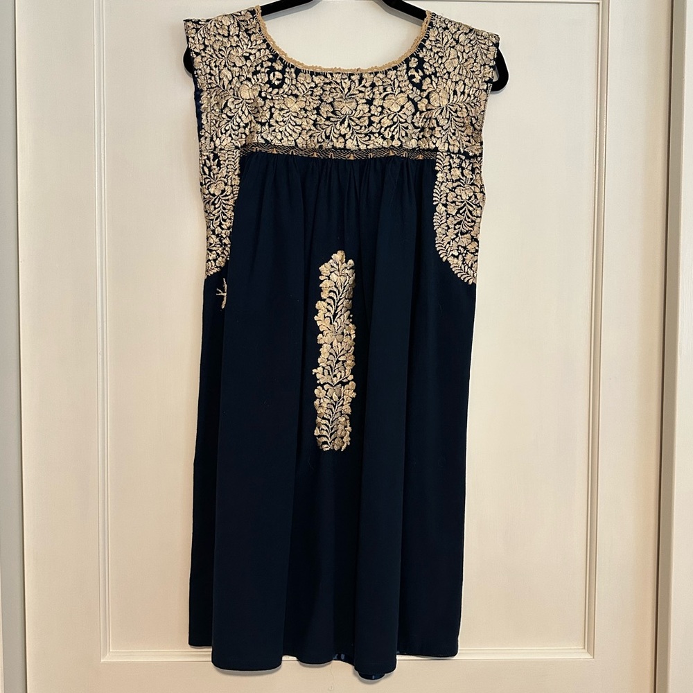 Mi Golondrina Gold and Blue A-line Cocktail Dress